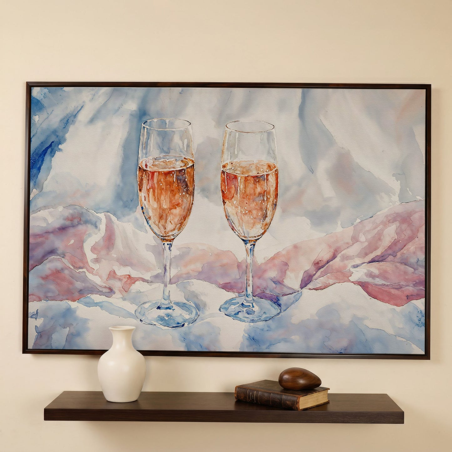 Pink Watercolor Champagne Abstract Canvas in dark walnut floating frame