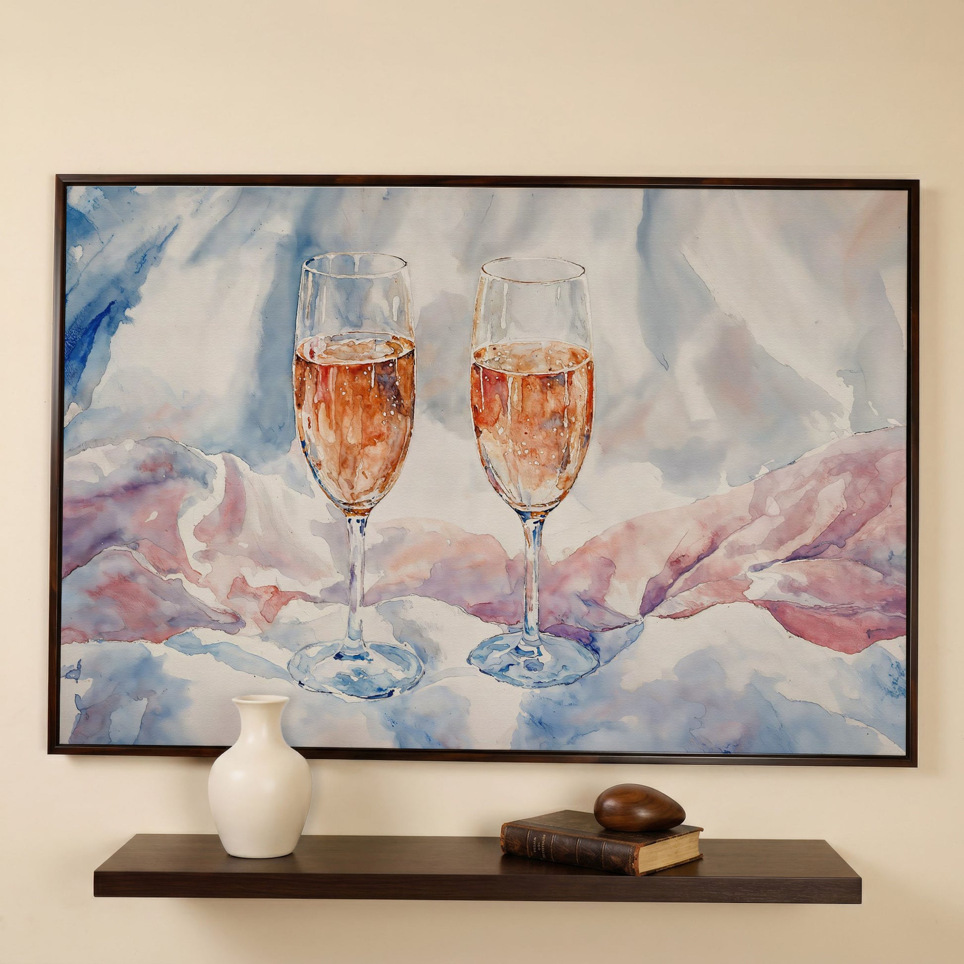 Pink Watercolor Champagne Abstract Canvas in dark walnut floating frame