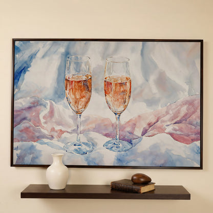 Pink Watercolor Champagne Abstract Canvas in dark walnut floating frame