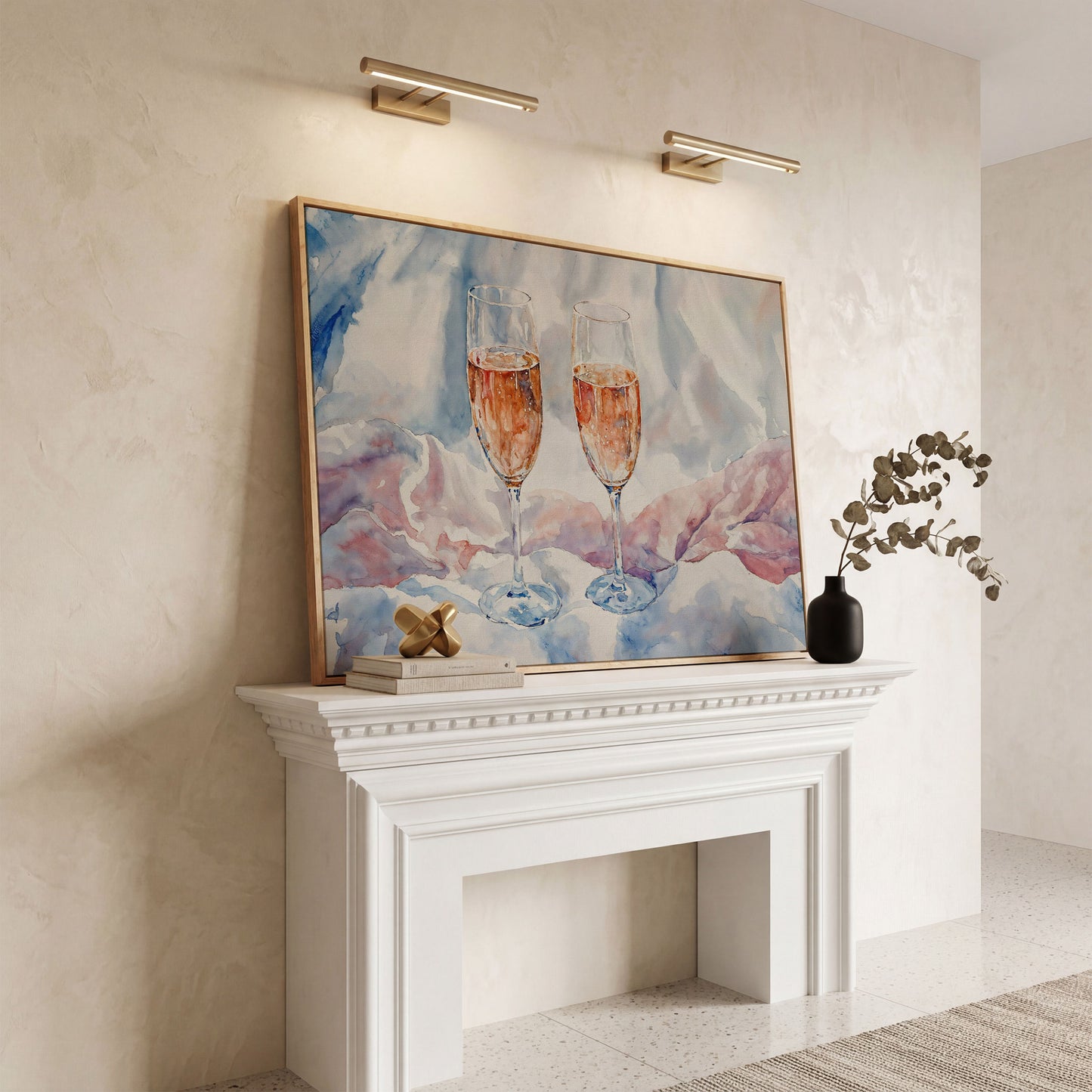 Pink Watercolor Champagne Abstract Canvas in white oak floating frame