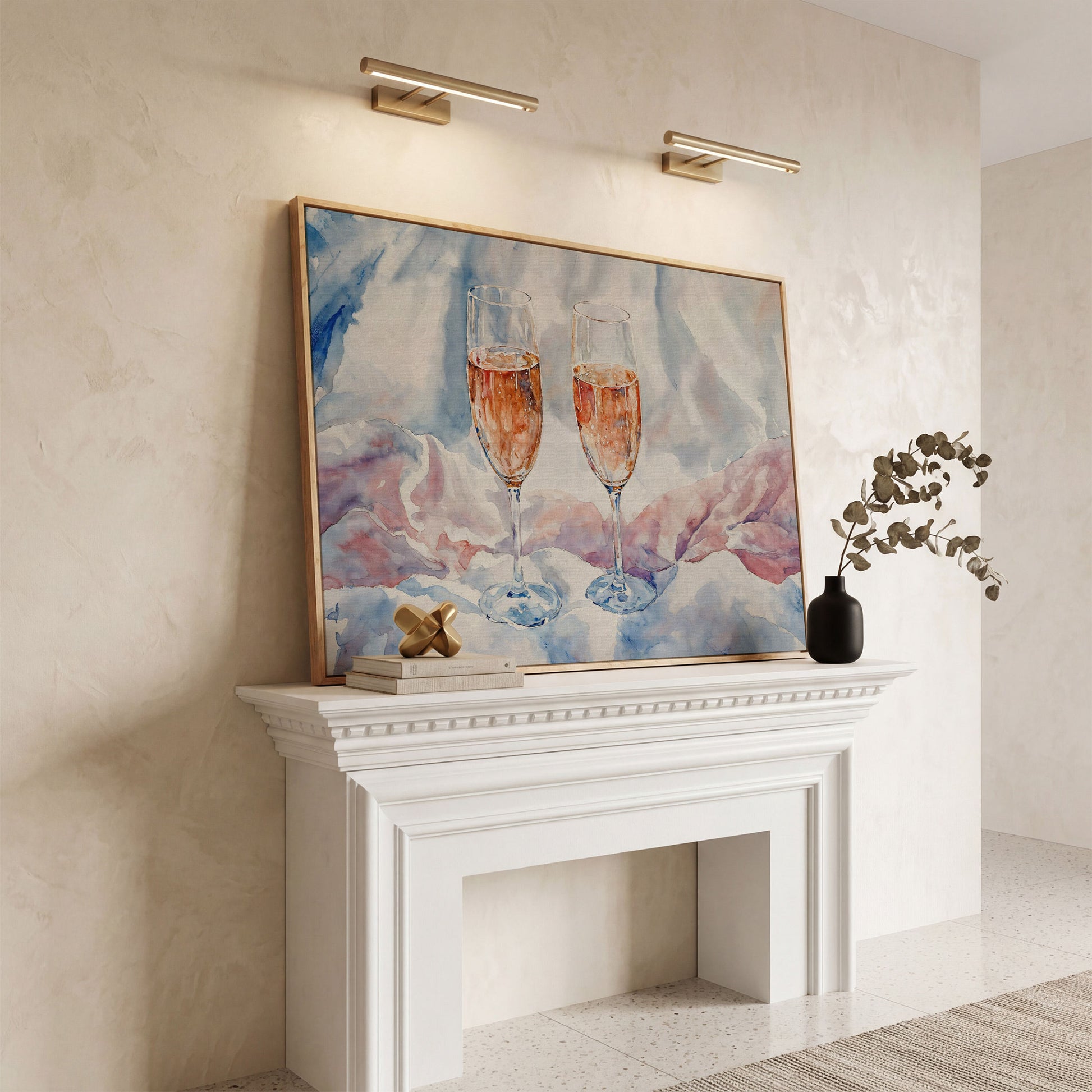 Pink Watercolor Champagne Abstract Canvas in white oak floating frame