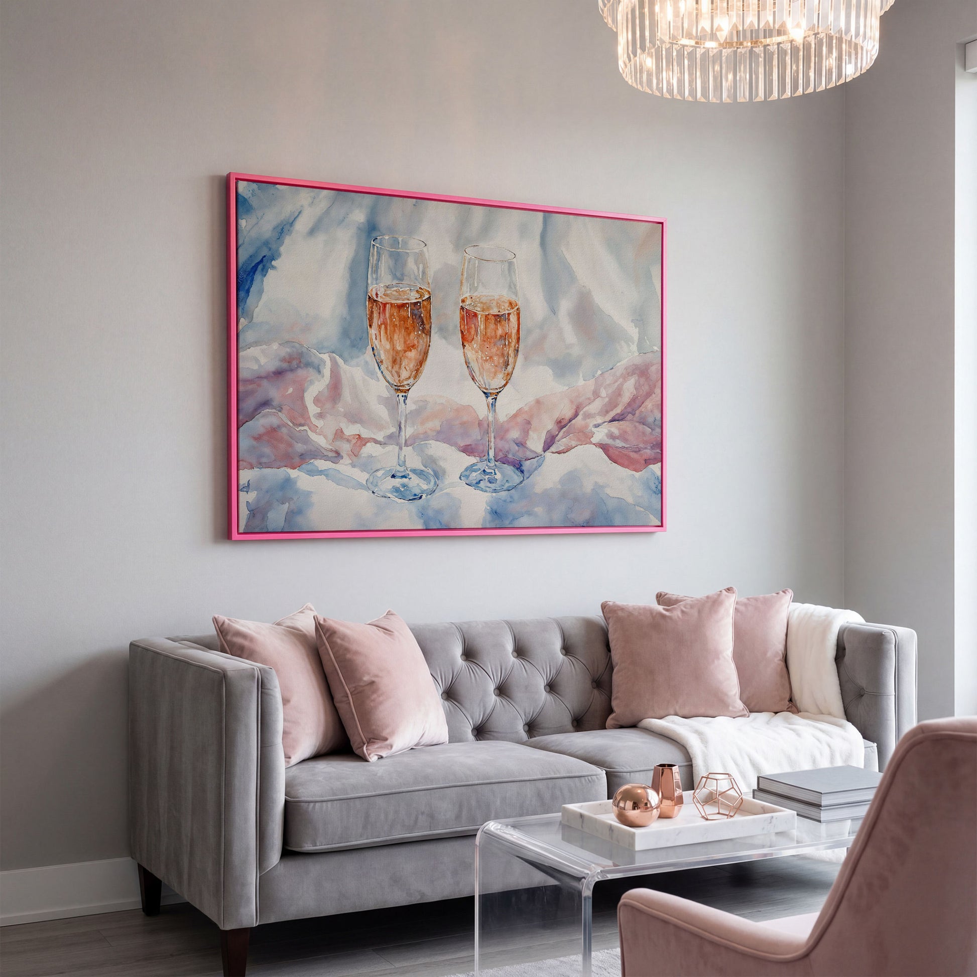 Pink Watercolor Champagne Abstract Canvas in pink floating frame