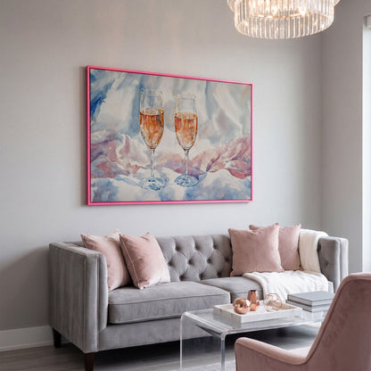 Pink Watercolor Champagne Abstract Canvas in pink floating frame