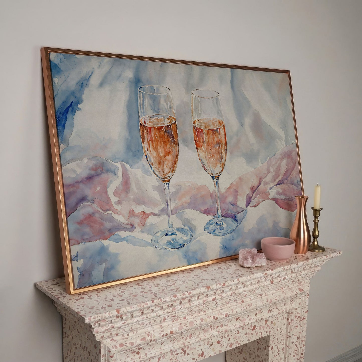 Pink Watercolor Champagne Abstract Canvas in rose gold floating frame