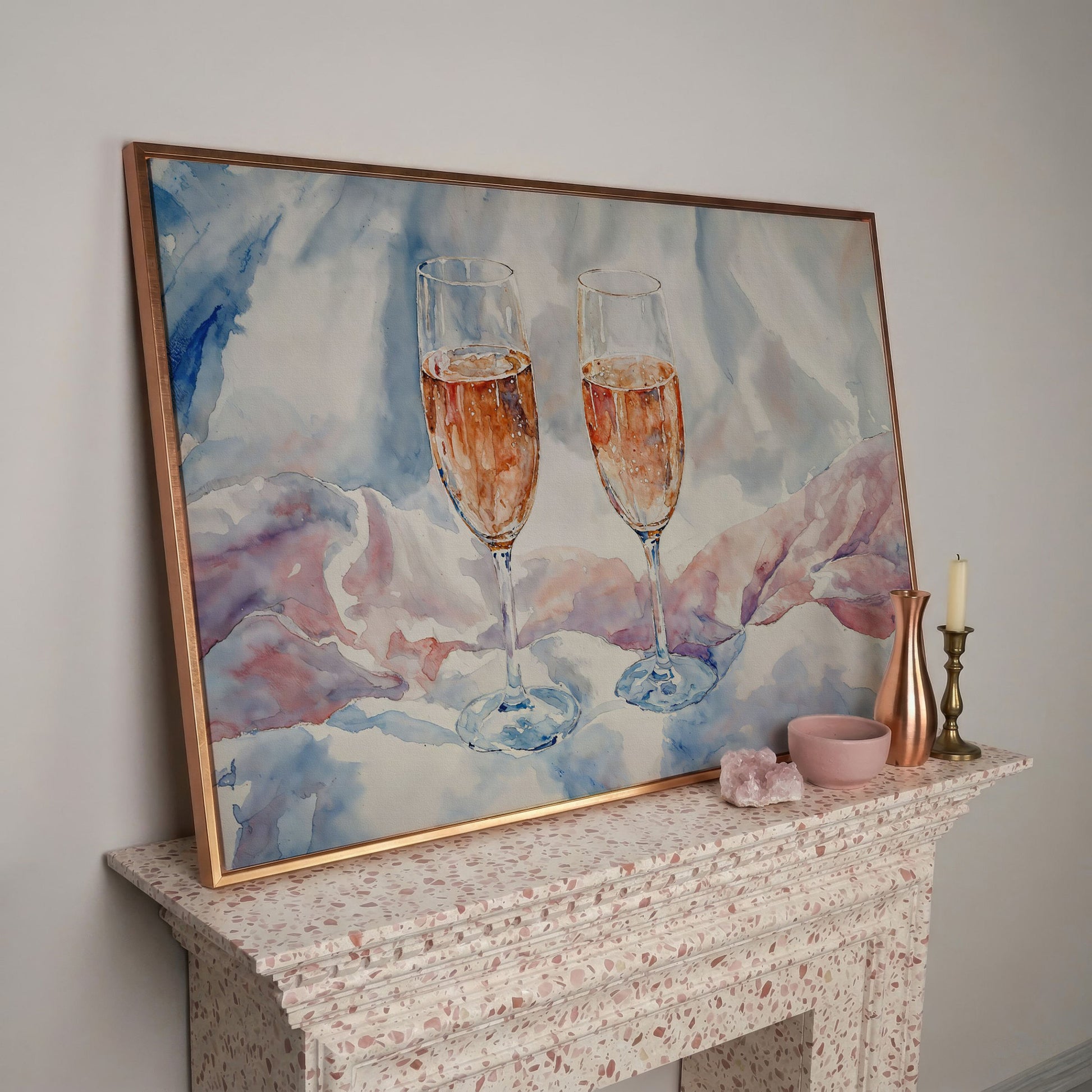 Pink Watercolor Champagne Abstract Canvas in rose gold floating frame