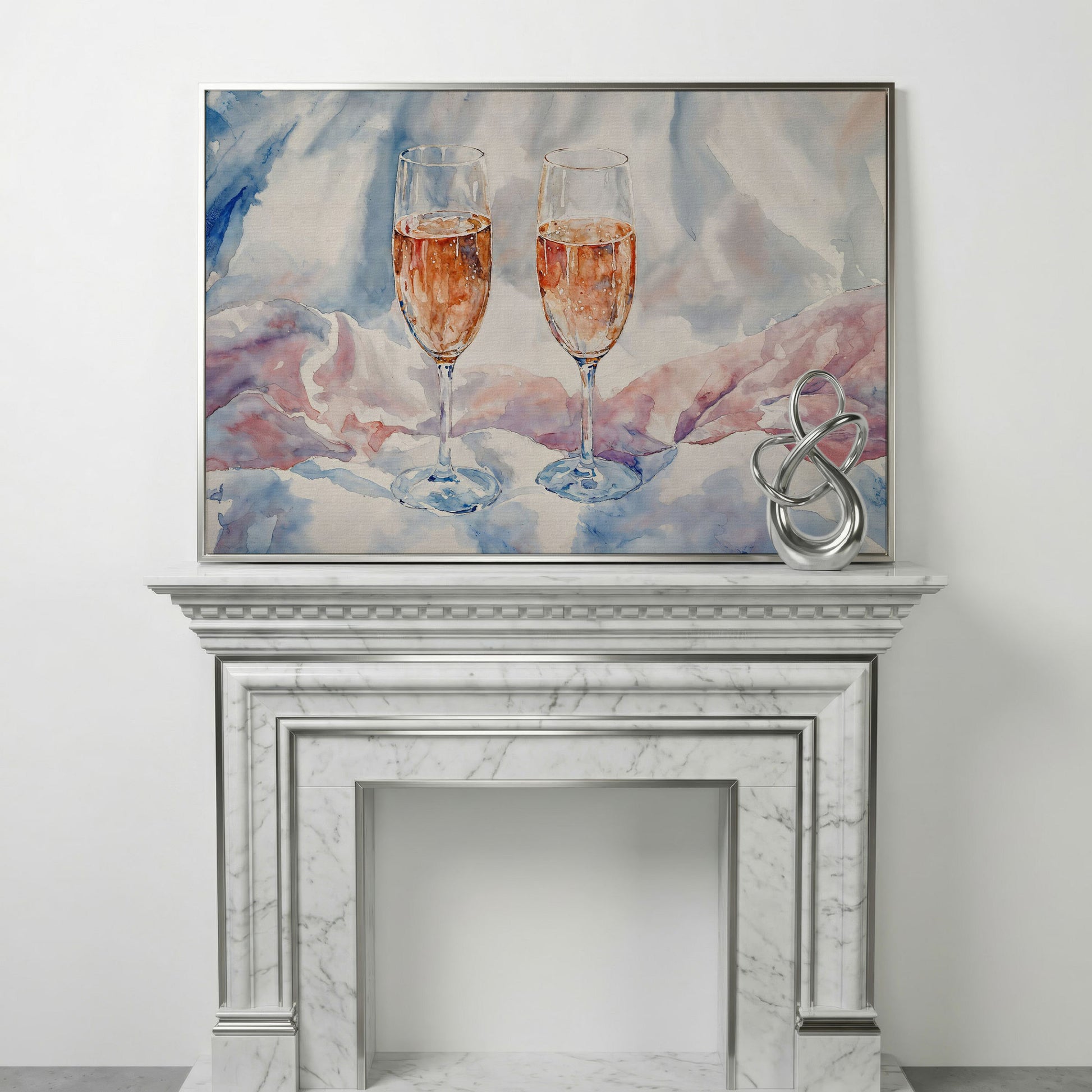 Pink Watercolor Champagne Abstract Canvas in silver floating frame