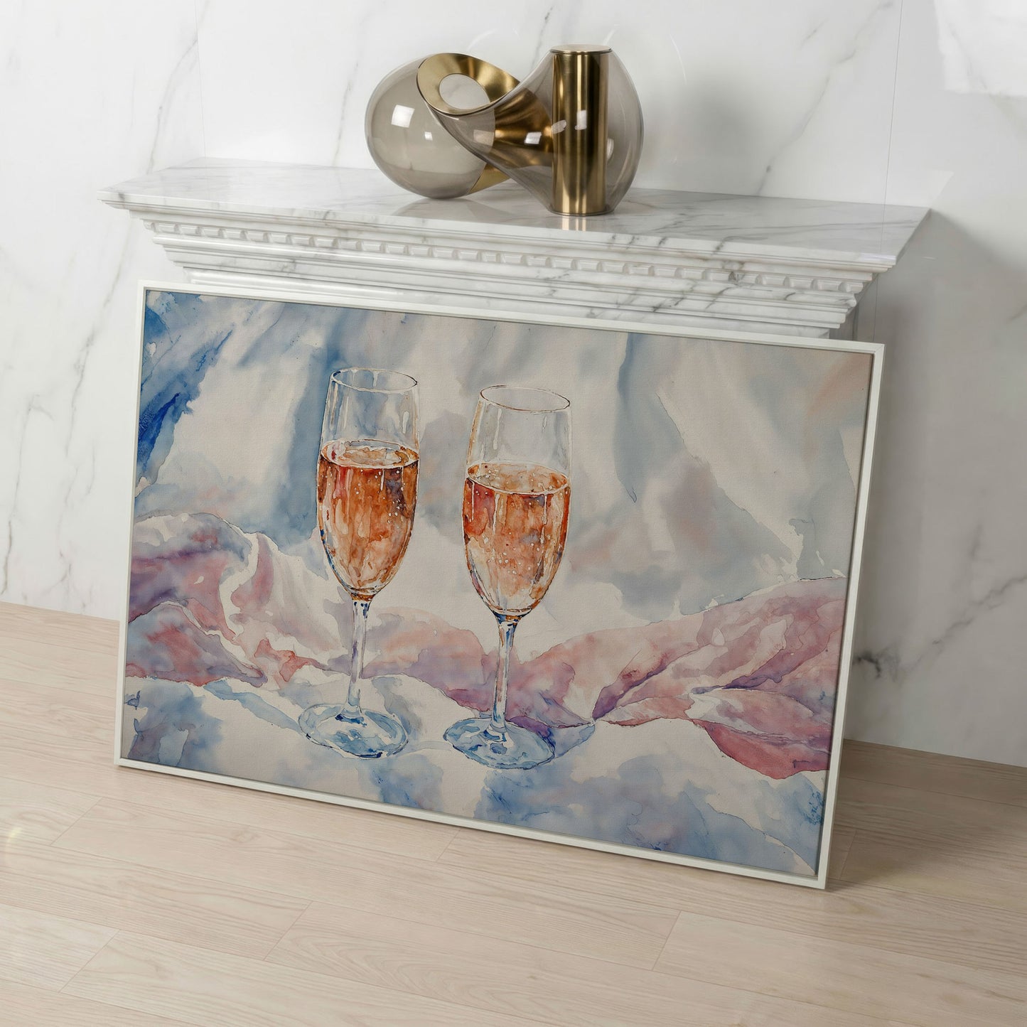 Pink Watercolor Champagne Abstract Canvas in white floating frame