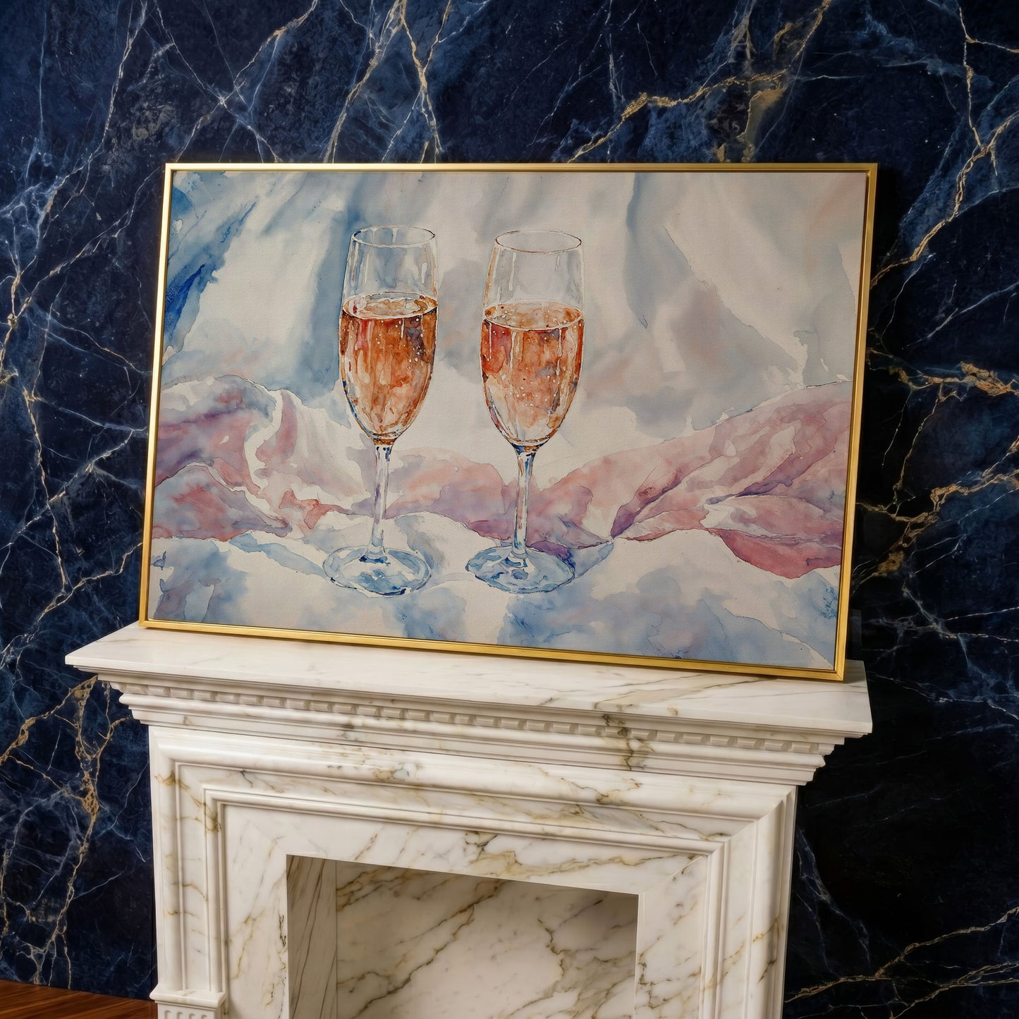 Pink Watercolor Champagne Abstract Canvas in yellow gold floating frame
