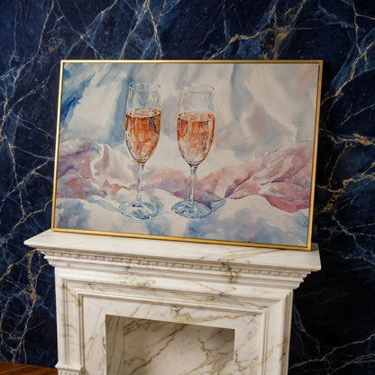 Pink Watercolor Champagne Abstract Canvas in yellow gold floating frame