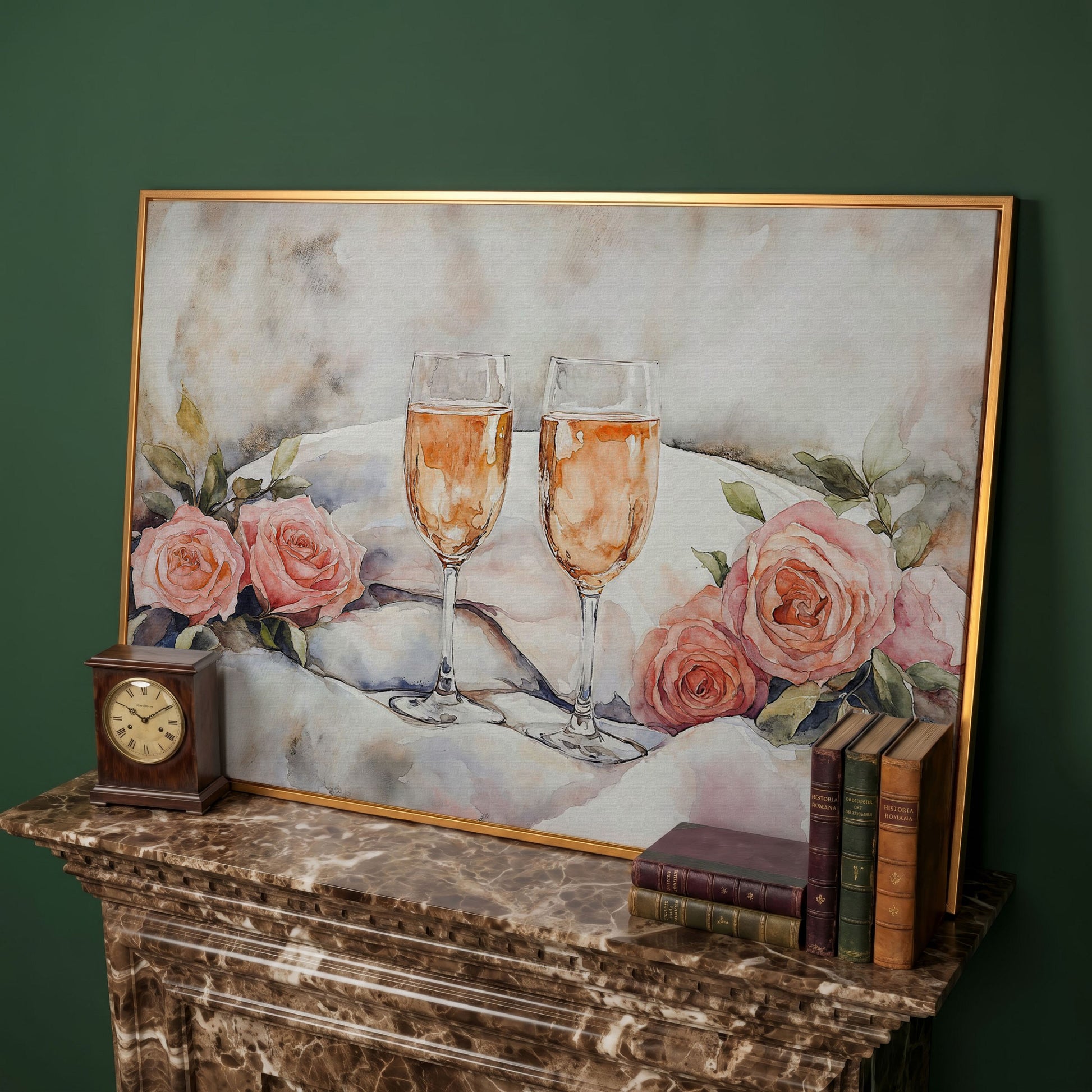 Pink Roses and Champagne Canvas in antique gold floating frame