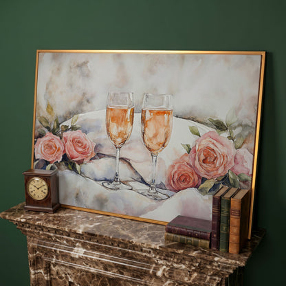 Pink Roses and Champagne Canvas in antique gold floating frame