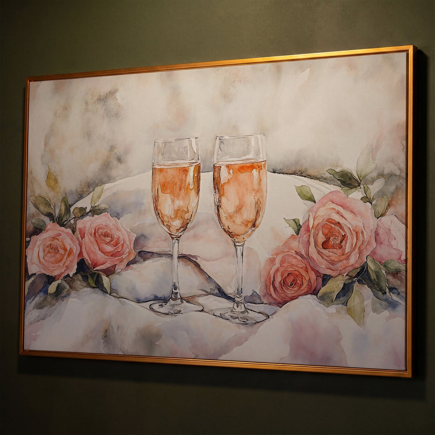 Pink Roses and Champagne Canvas shown in antique gold floating frame