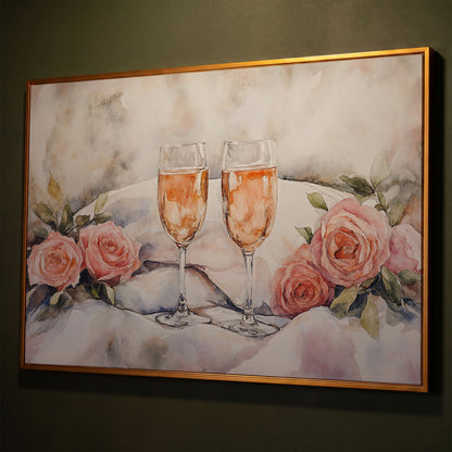 Pink Roses and Champagne Canvas shown in antique gold floating frame