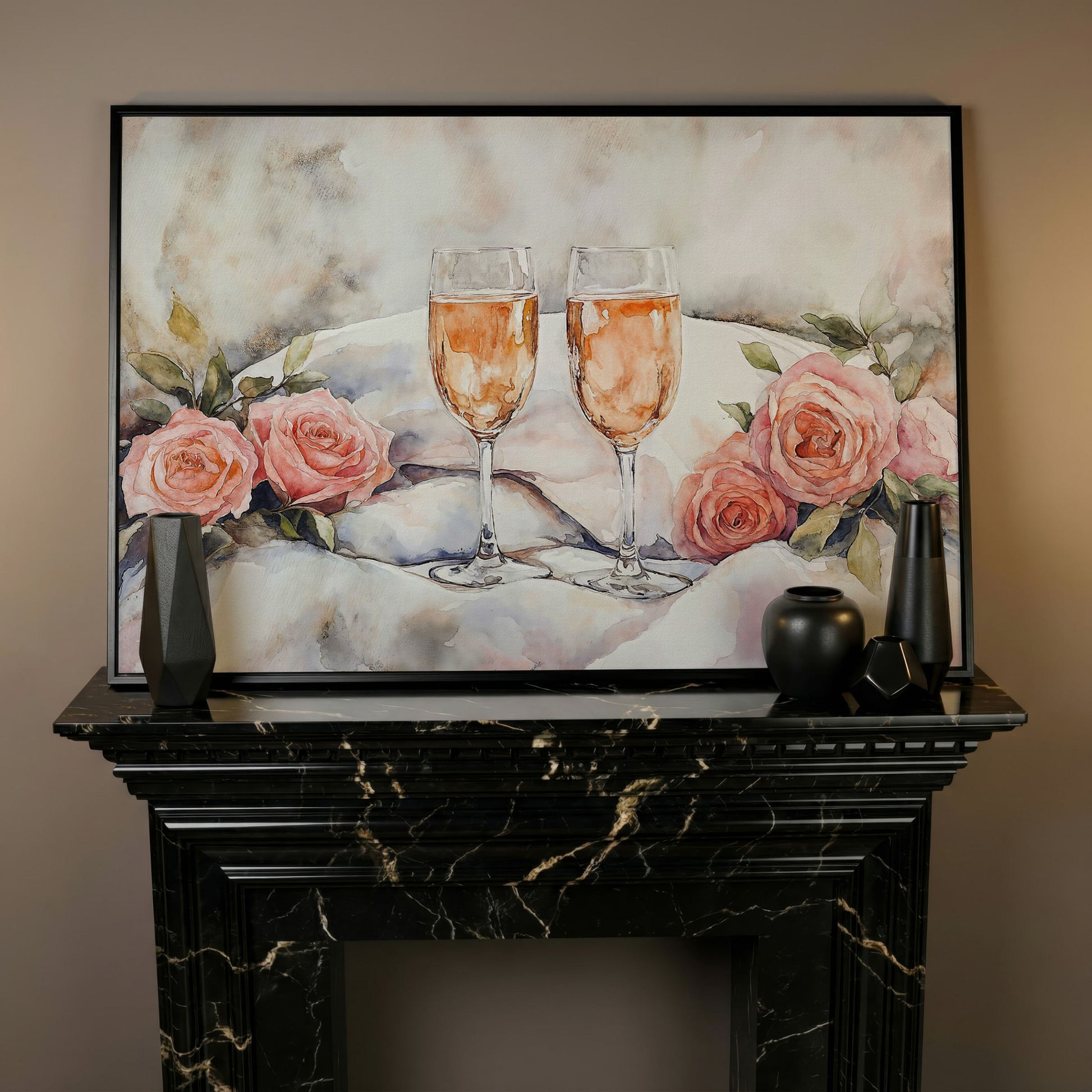 Pink Roses and Champagne Canvas in black floating frame