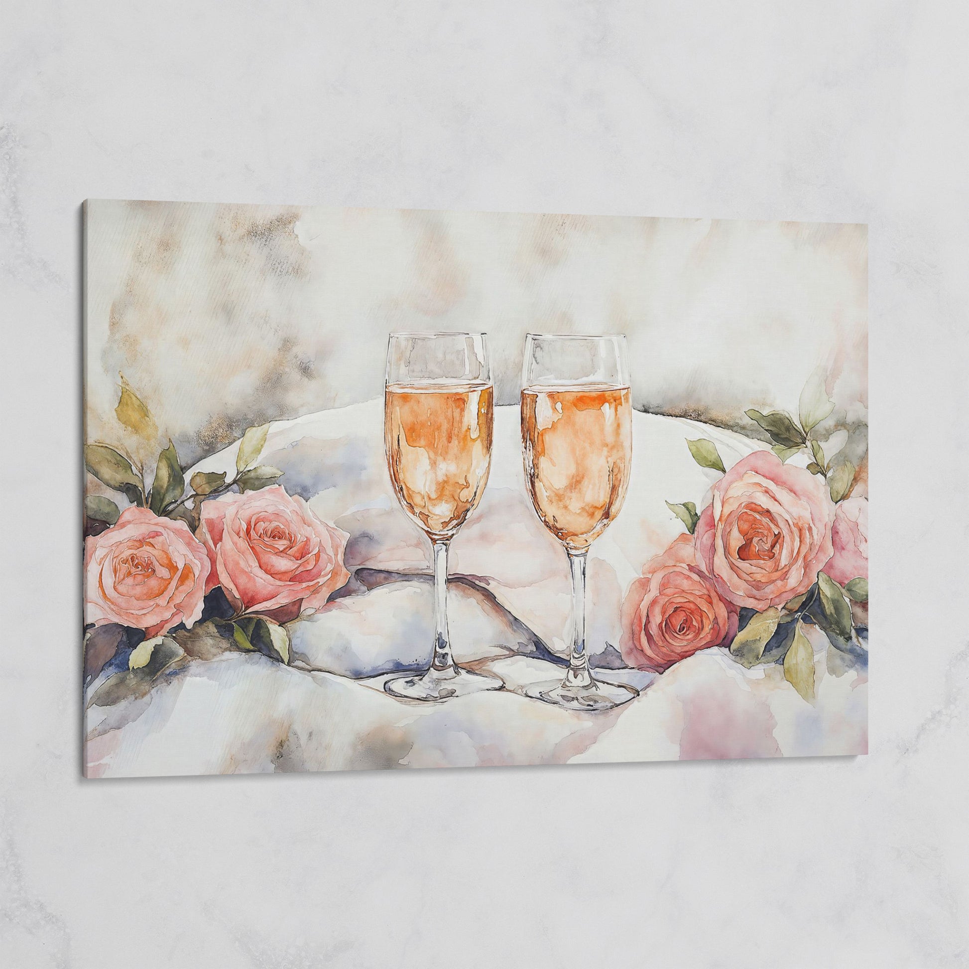 Pink Roses and Champagne Canvas on gallery wrap