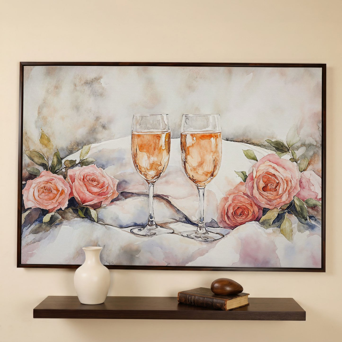 Pink Roses and Champagne Canvas in dark walnut floating frame