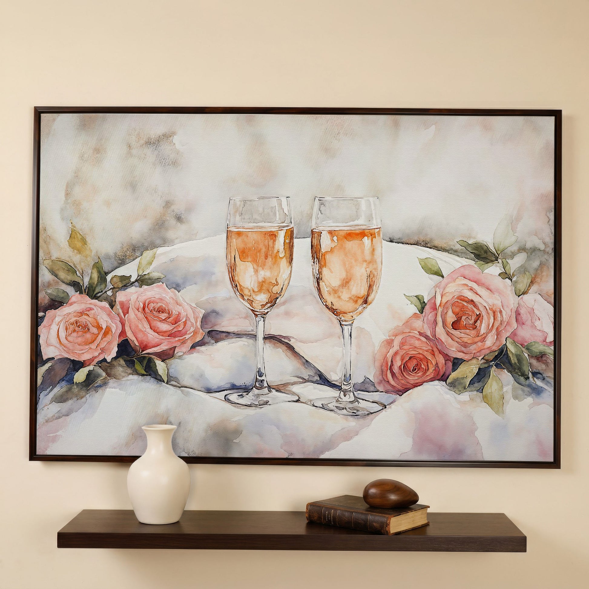 Pink Roses and Champagne Canvas in dark walnut floating frame