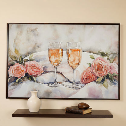 Pink Roses and Champagne Canvas in dark walnut floating frame