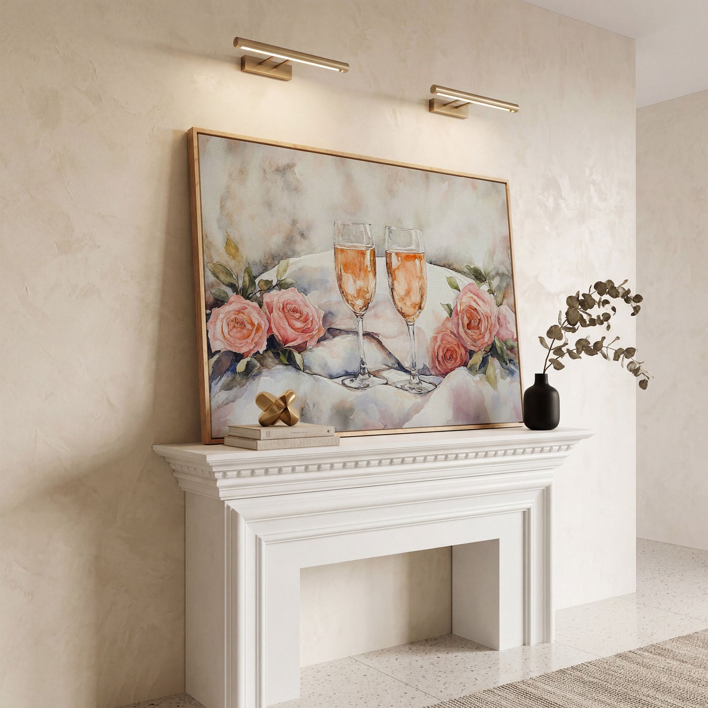 Pink Roses and Champagne Canvas in white oak floating frame