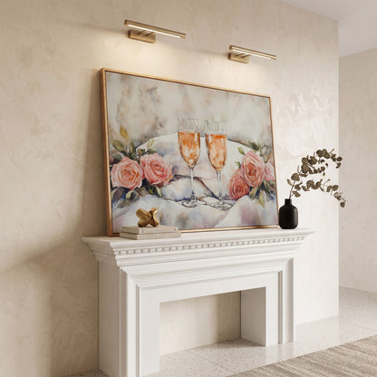 Pink Roses and Champagne Canvas in white oak floating frame