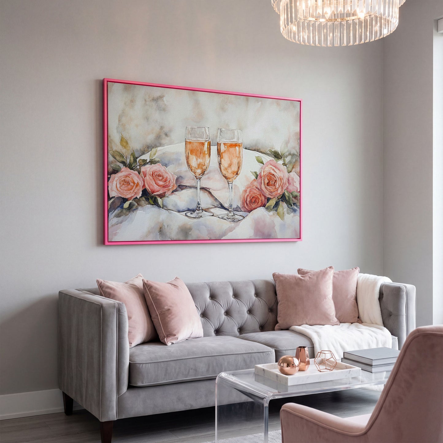 Pink Roses and Champagne Canvas in pink floating frame