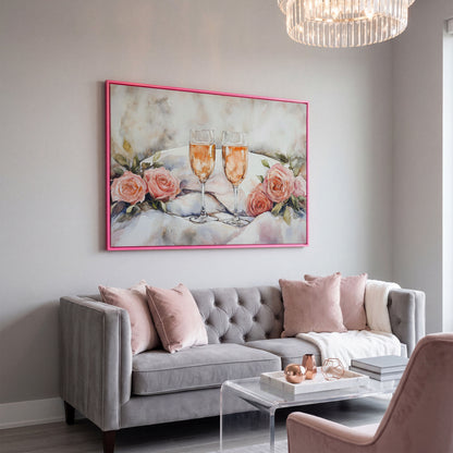 Pink Roses and Champagne Canvas in pink floating frame