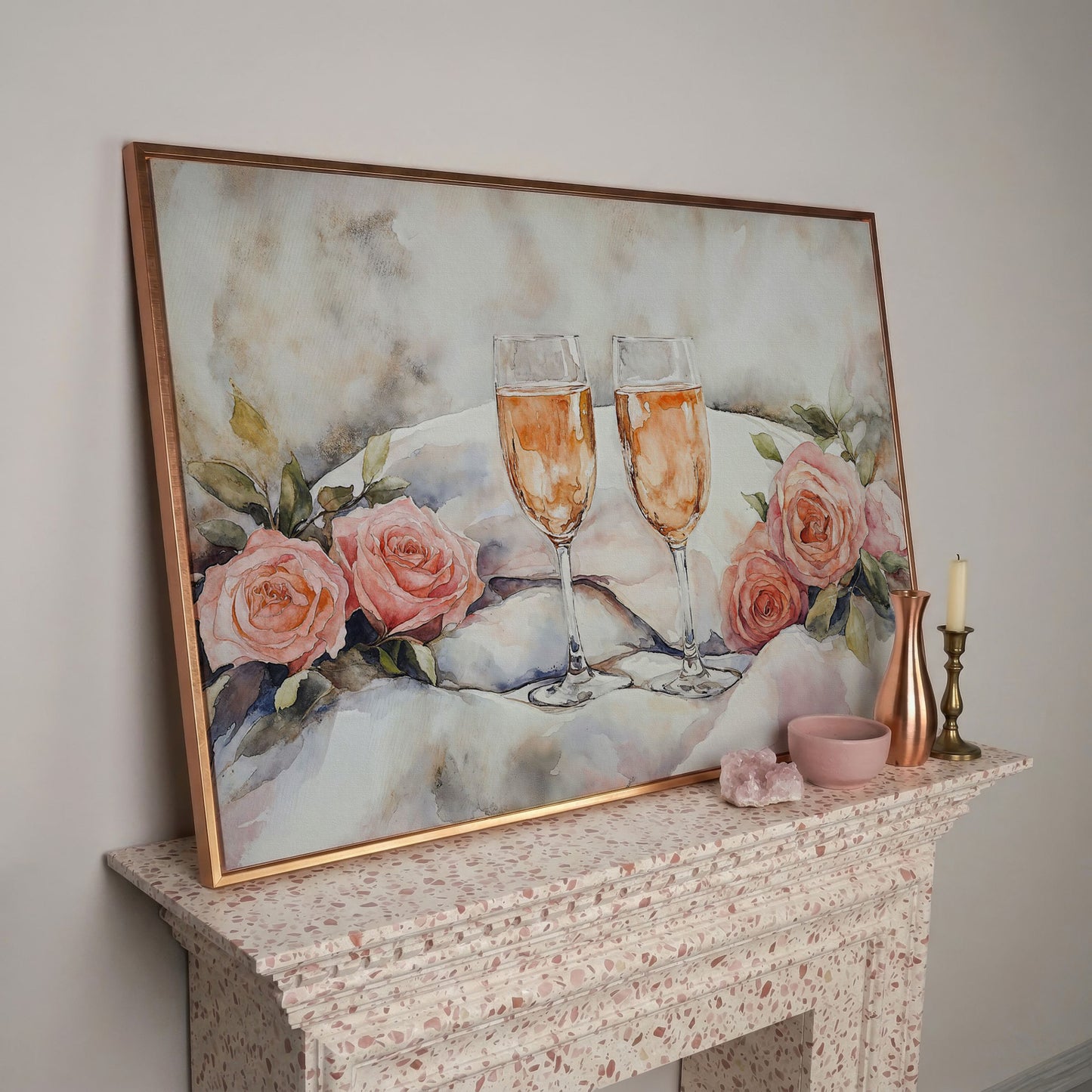 Pink Roses and Champagne Canvas in rose gold floating frame