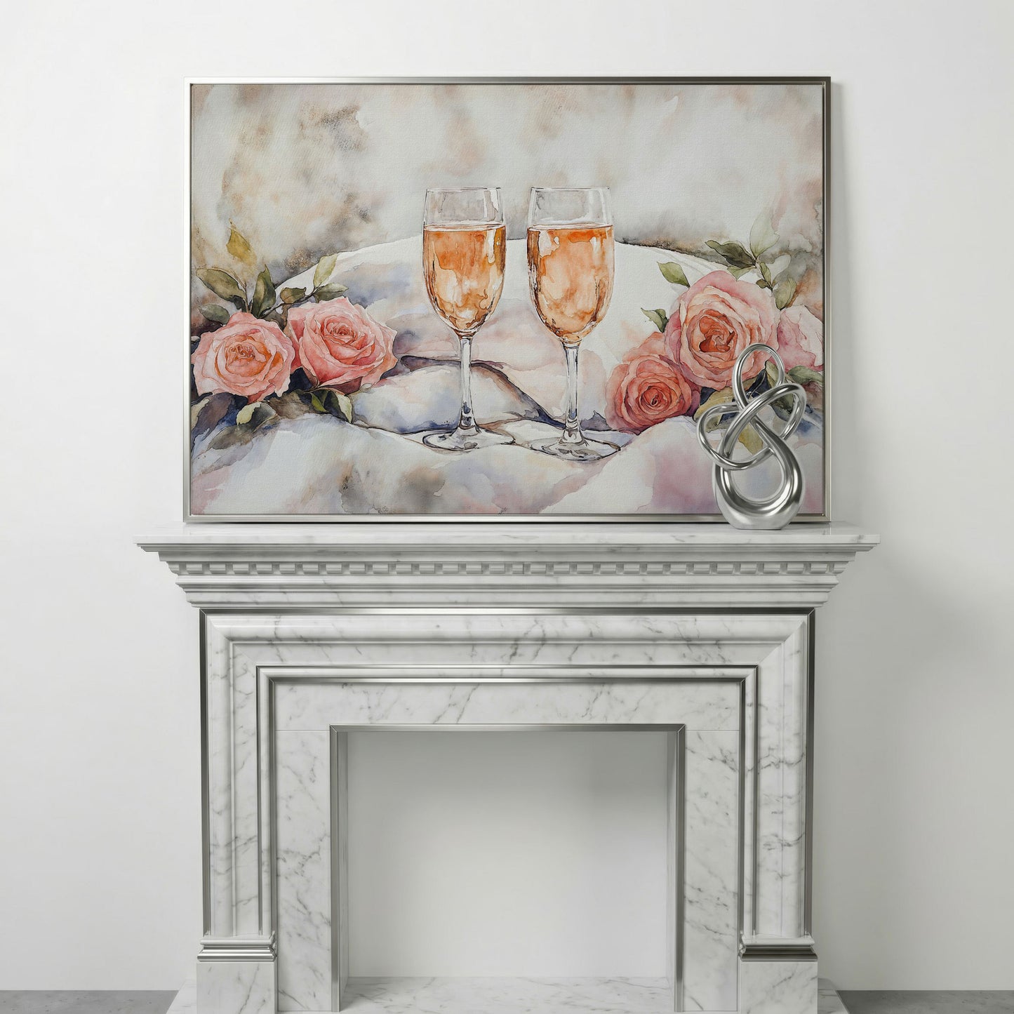 Pink Roses and Champagne Canvas in silver floating frame