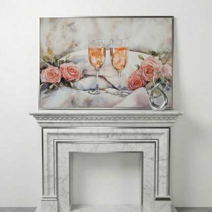 Pink Roses and Champagne Canvas in silver floating frame