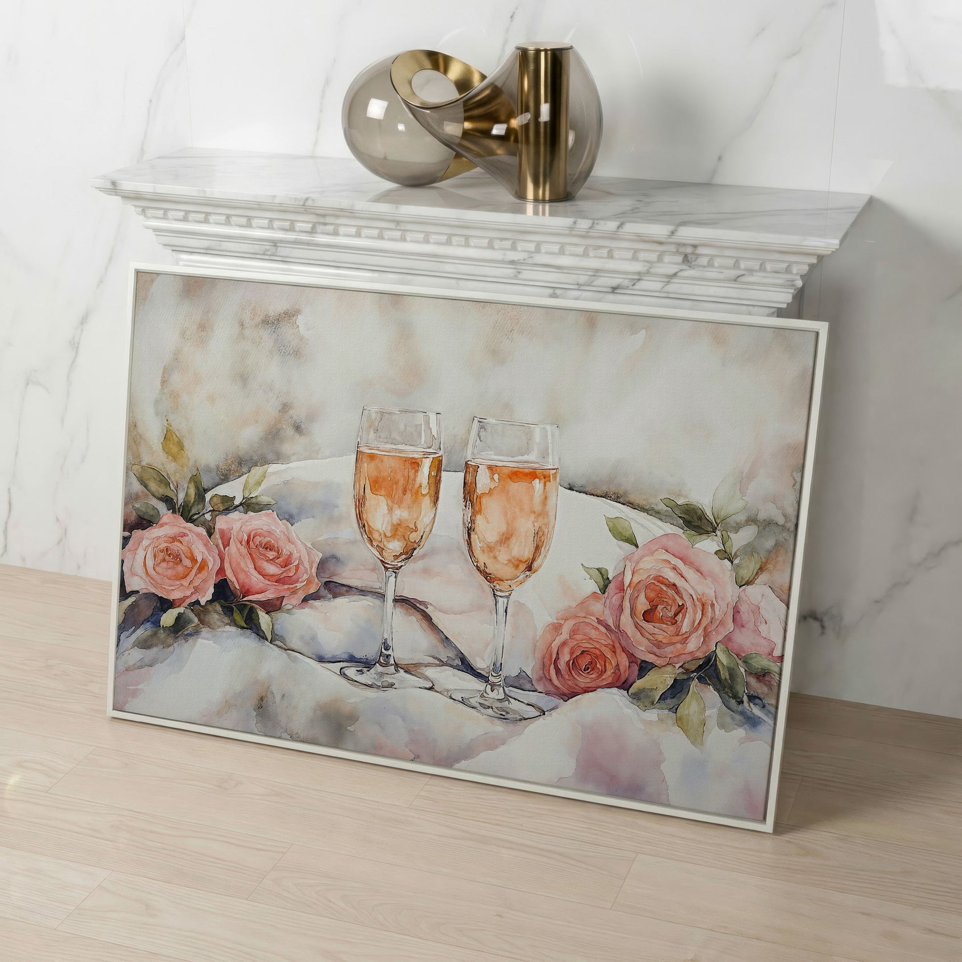 Pink Roses and Champagne Canvas in white floating frame