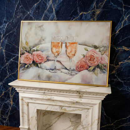 Pink Roses and Champagne Canvas in yellow gold floating frame