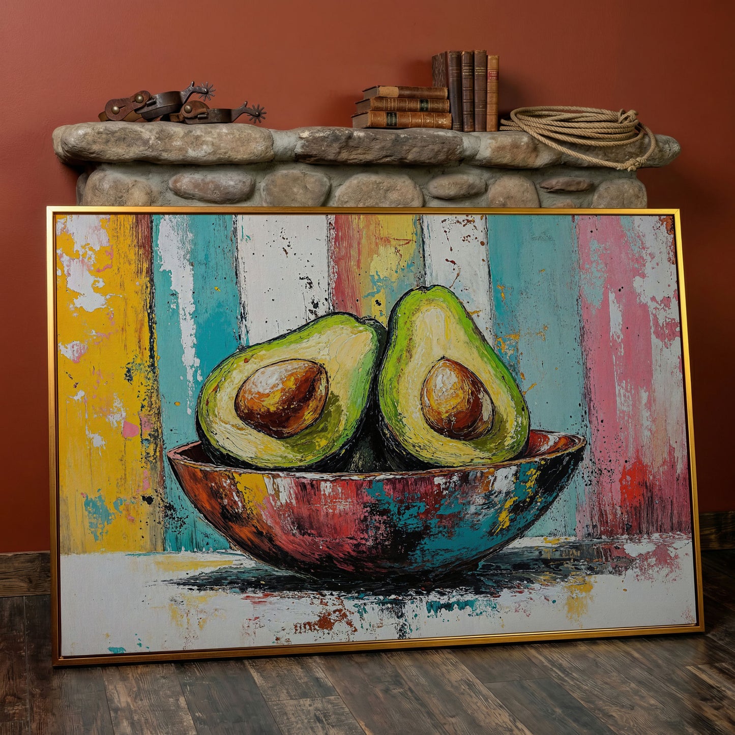 Avocado Bowl with Striped Background Canvas Art in antique gold floating frame