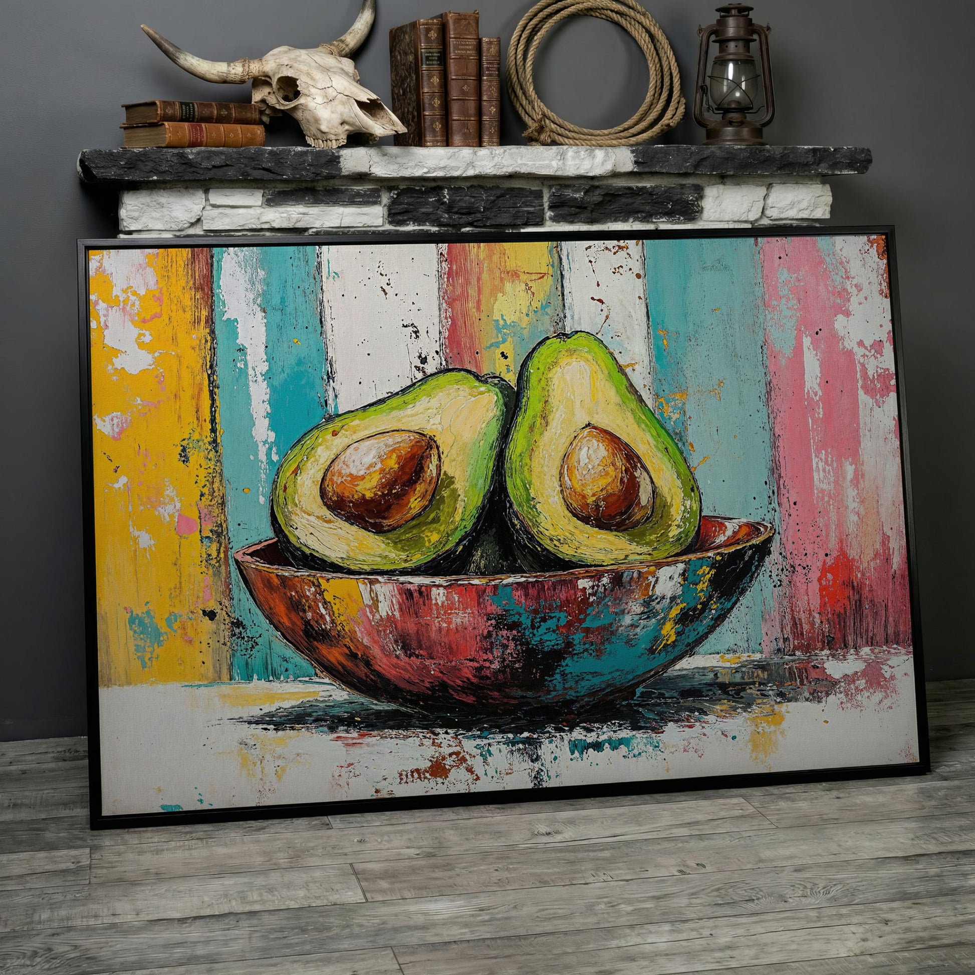 Avocado Bowl with Striped Background Canvas Art in black floating frame