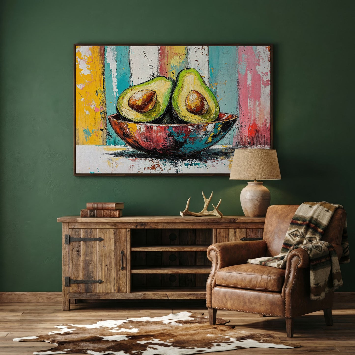 Avocado Bowl with Striped Background Canvas Art in dark walnut floating frame