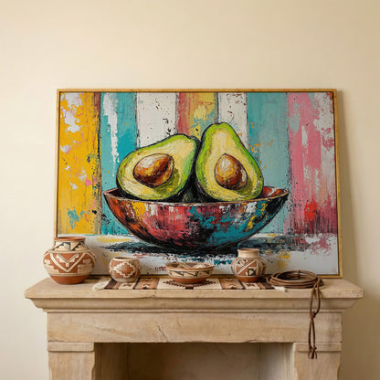 Avocado Bowl with Striped Background Canvas Art in white oak floating frame