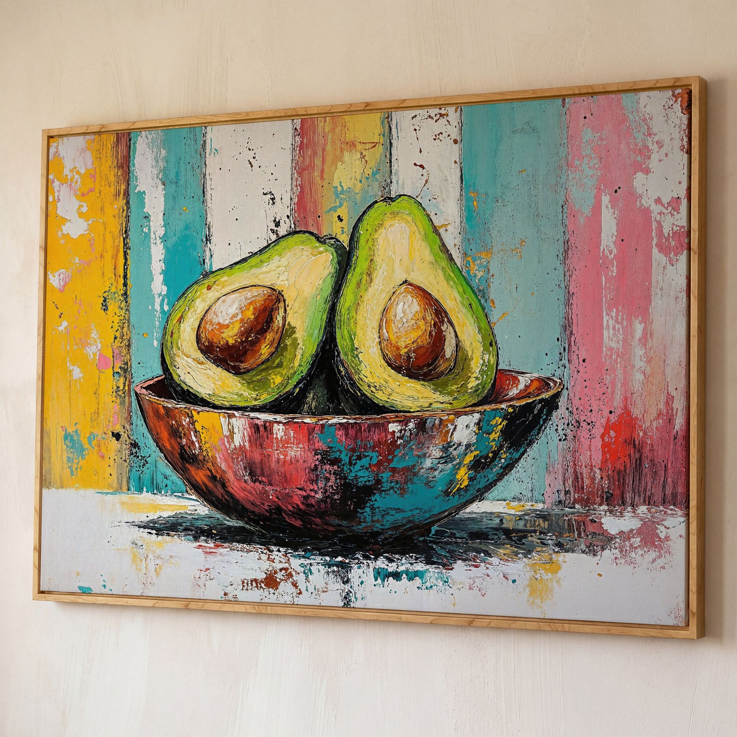Avocado Bowl with Striped Background Canvas Art shown in white oak floating frame