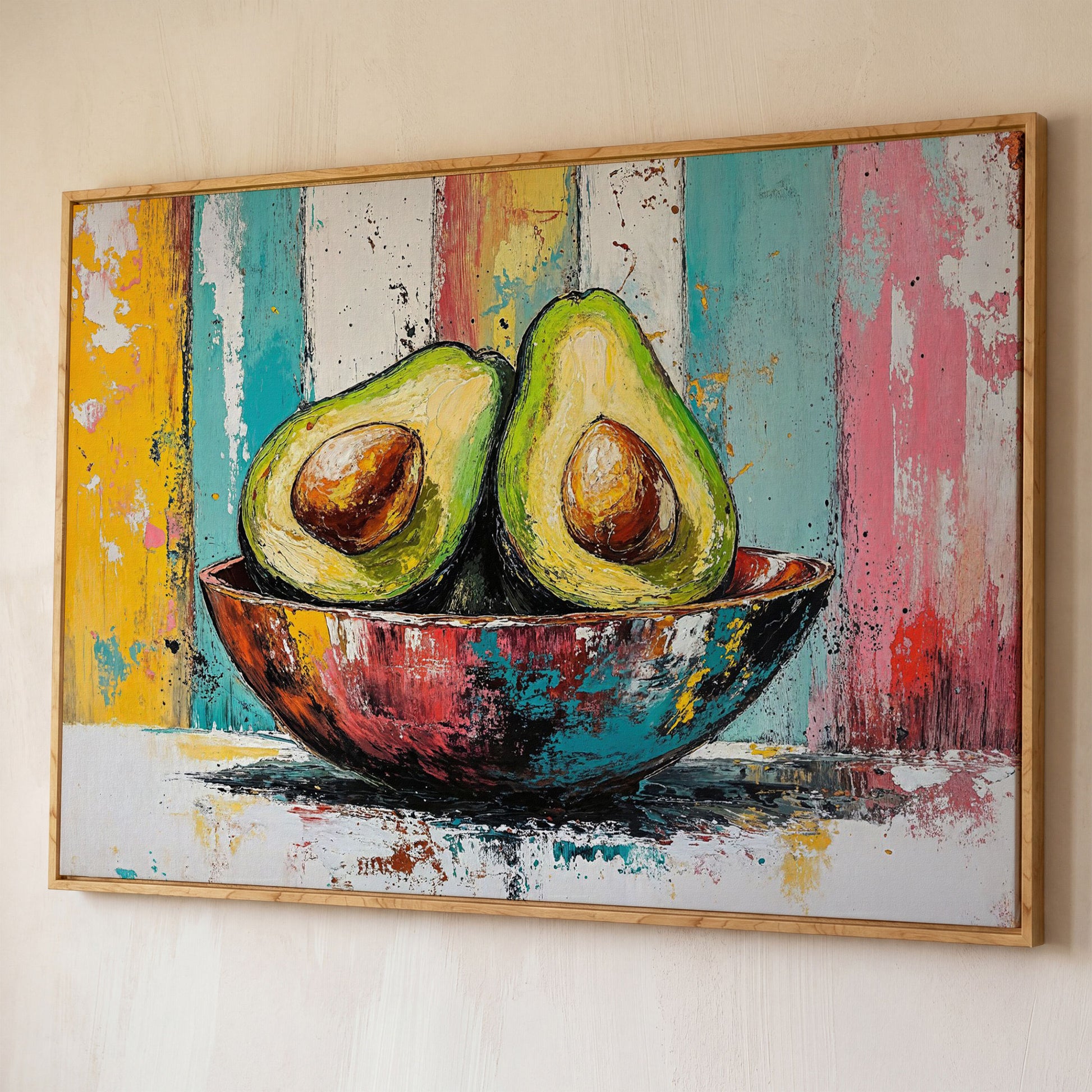 Avocado Bowl with Striped Background Canvas Art shown in white oak floating frame