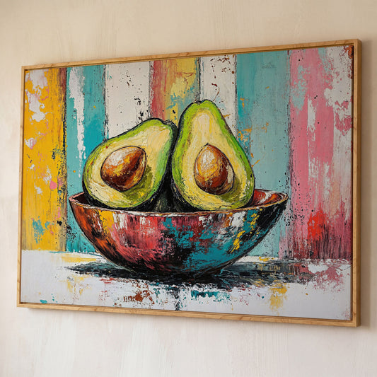 Avocado Bowl with Striped Background Canvas Art shown in white oak floating frame