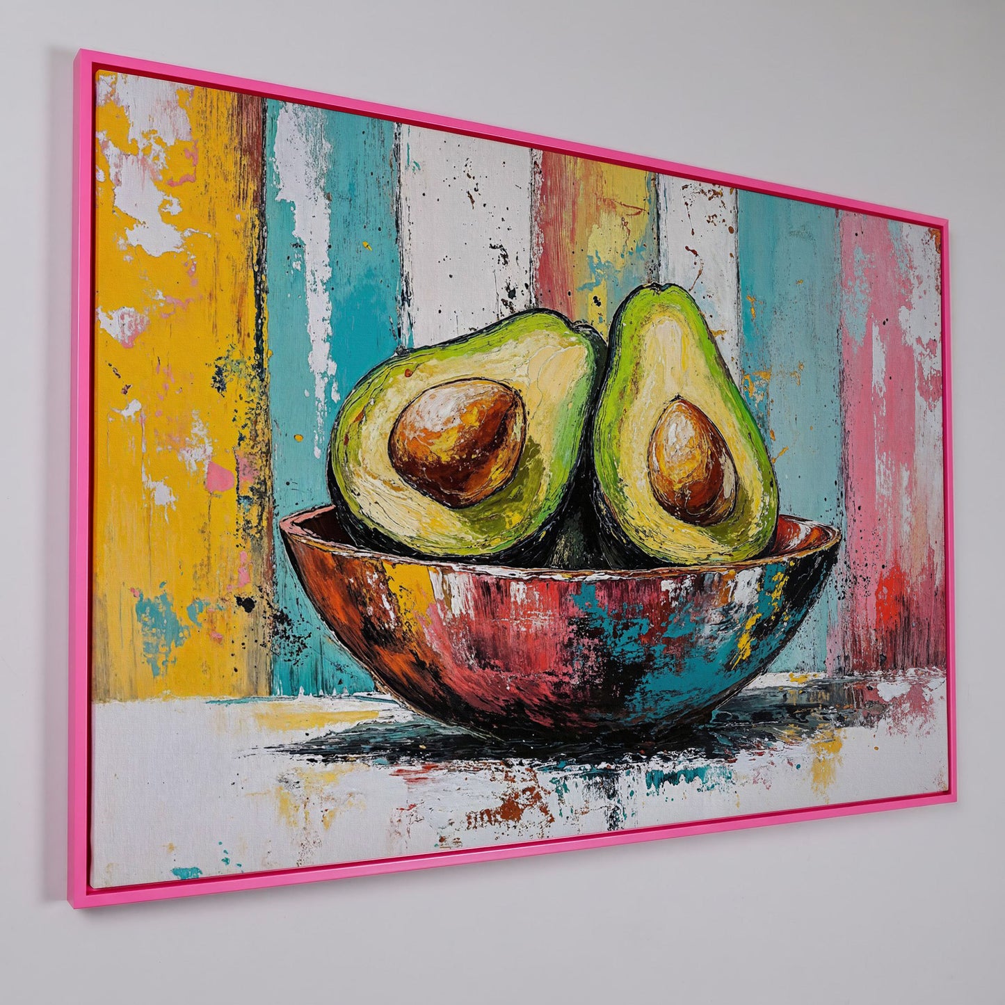 Avocado Bowl with Striped Background Canvas Art in pink floating frame