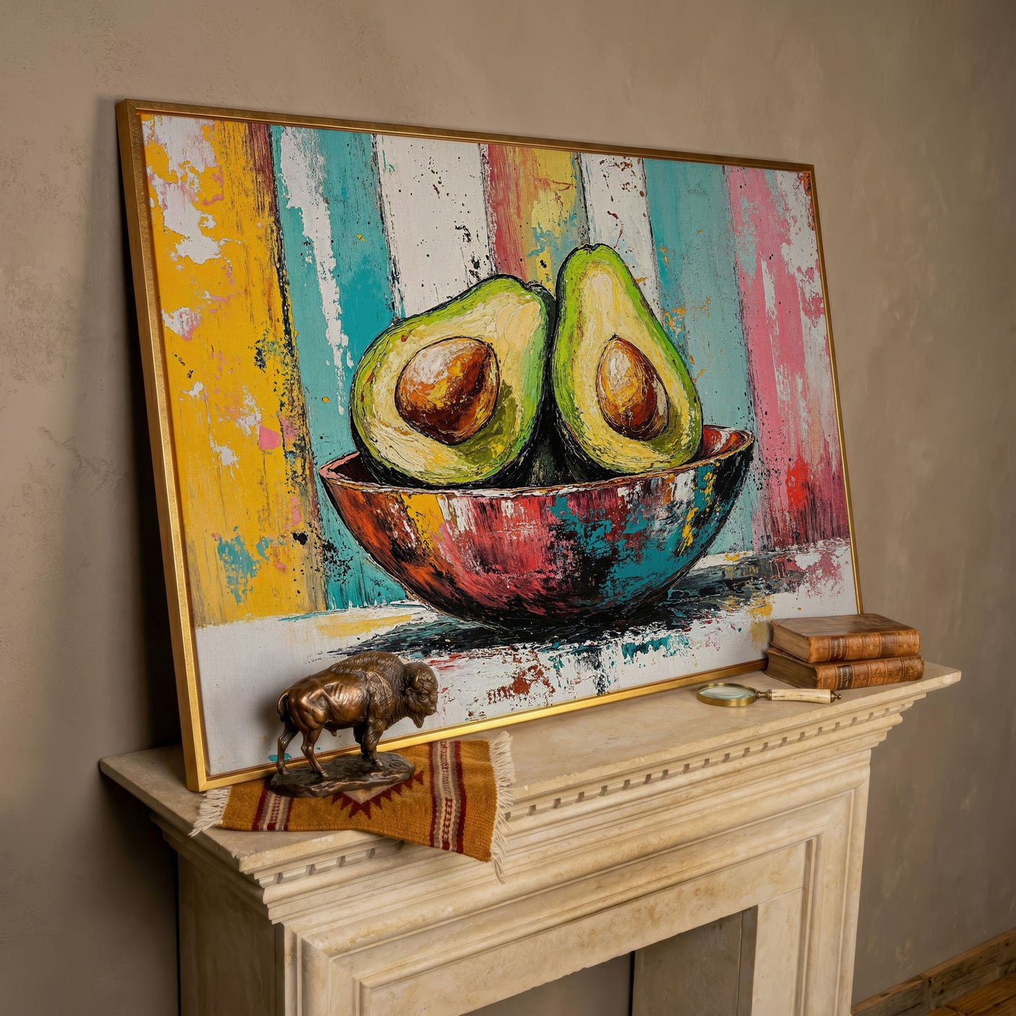 Avocado Bowl with Striped Background Canvas Art in rose gold floating frame