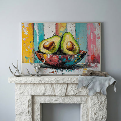 Avocado Bowl with Striped Background Canvas Art in silver floating frame