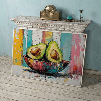 Avocado Bowl with Striped Background Canvas Art in white floating frame