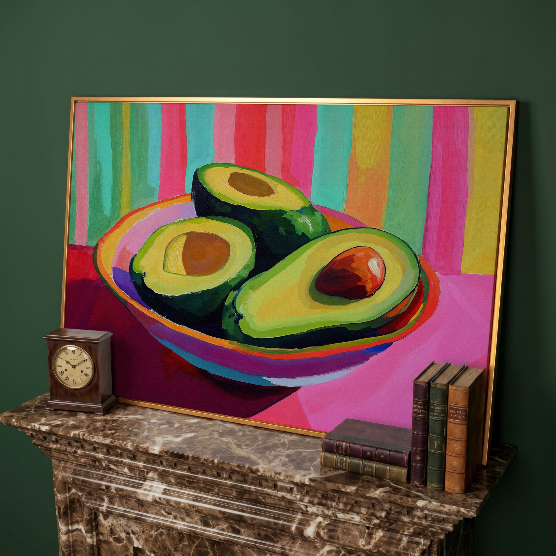 Avocado Pop Art Canvas for Modern Kitchens in antique gold floating frame
