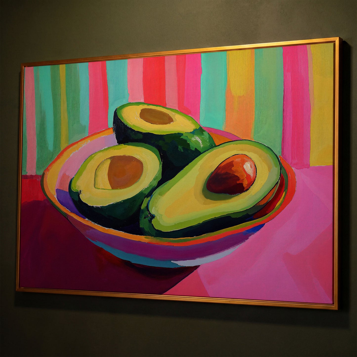 Avocado Pop Art Canvas for Modern Kitchens shown in antique gold floating frame