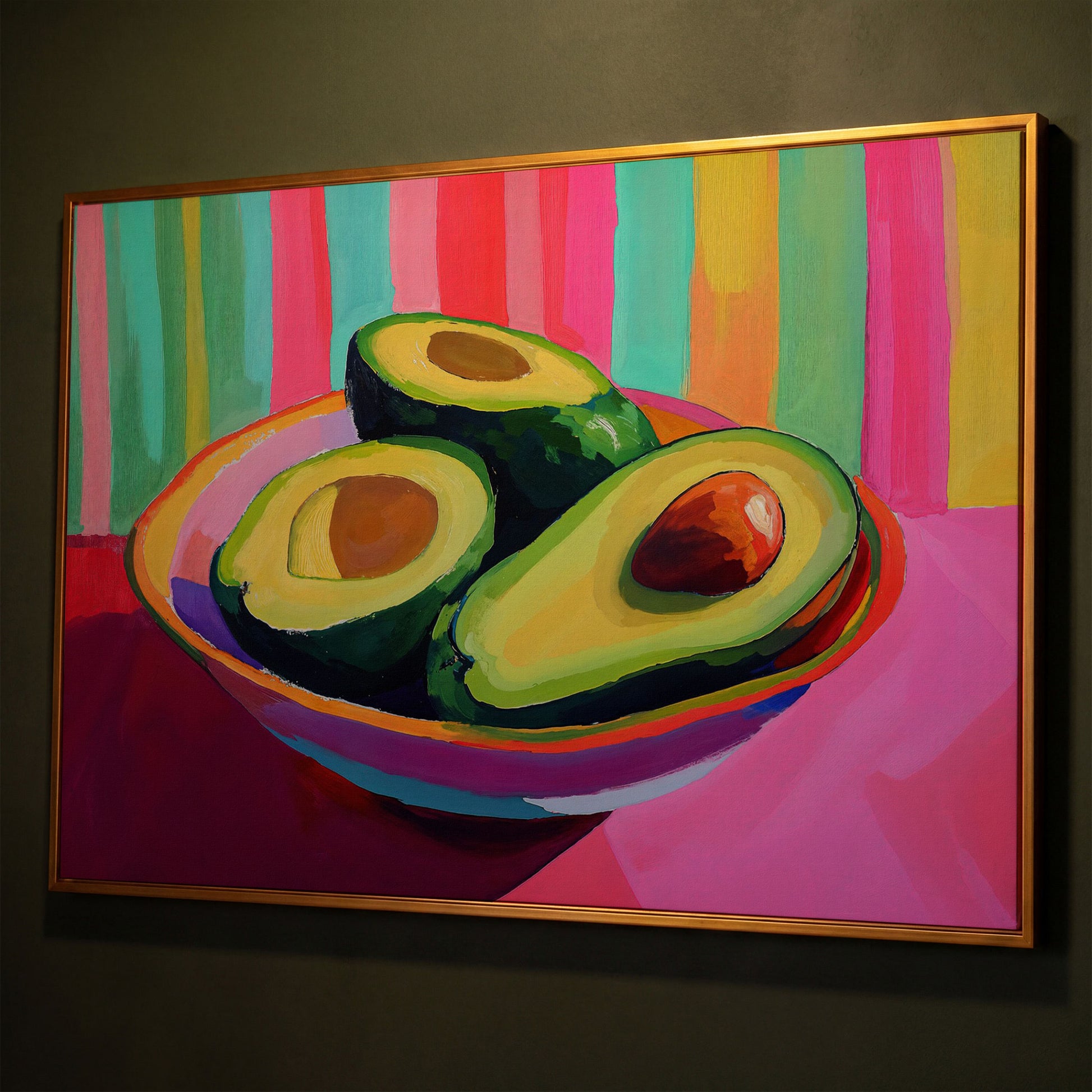 Avocado Pop Art Canvas for Modern Kitchens shown in antique gold floating frame