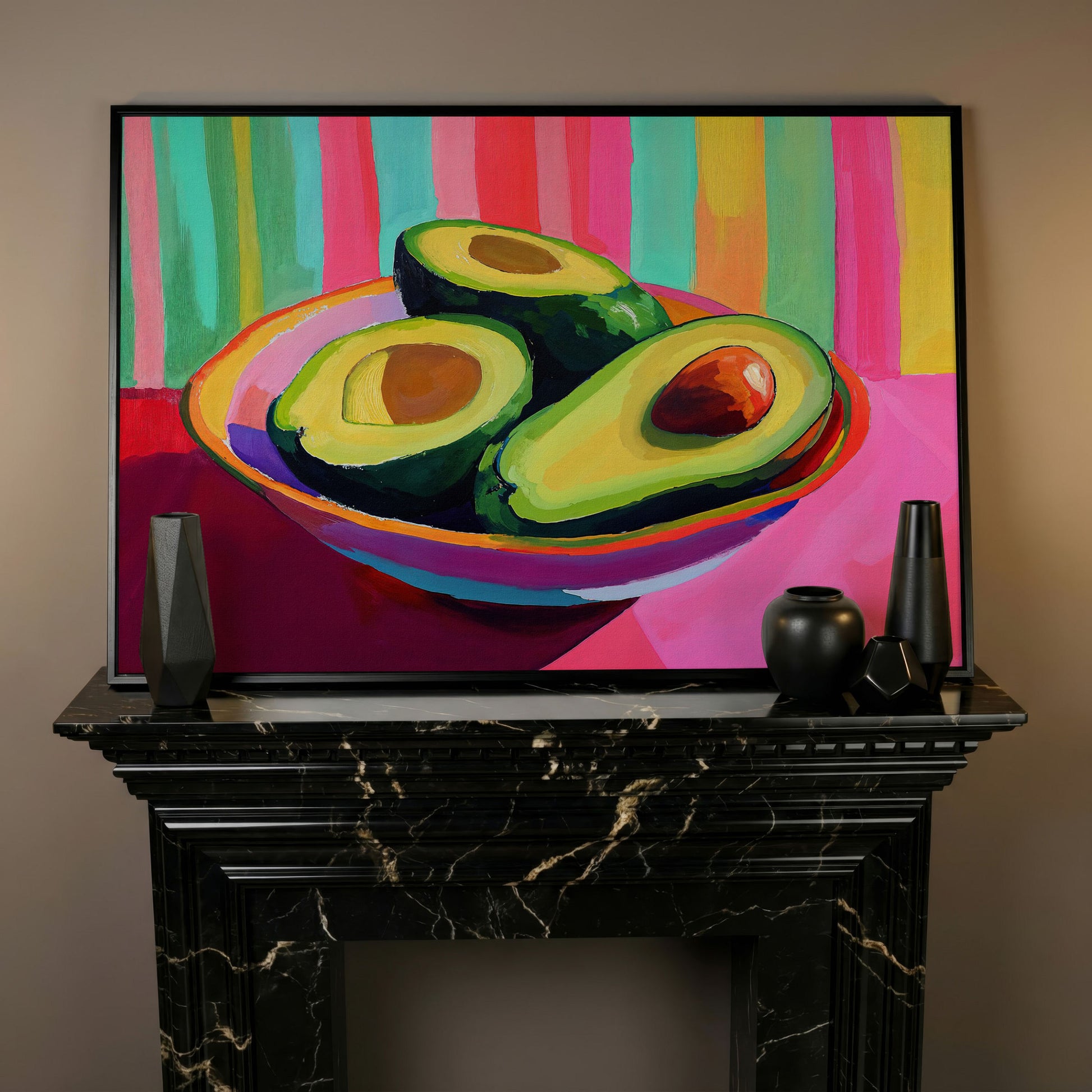 Avocado Pop Art Canvas for Modern Kitchens in black floating frame