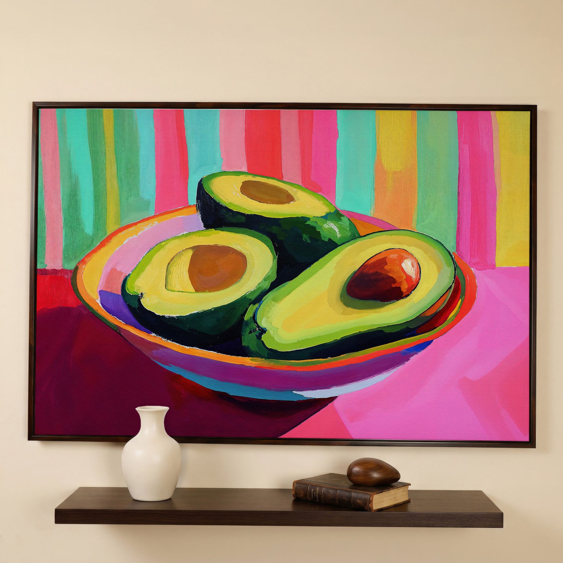 Avocado Pop Art Canvas for Modern Kitchens in dark walnut floating frame