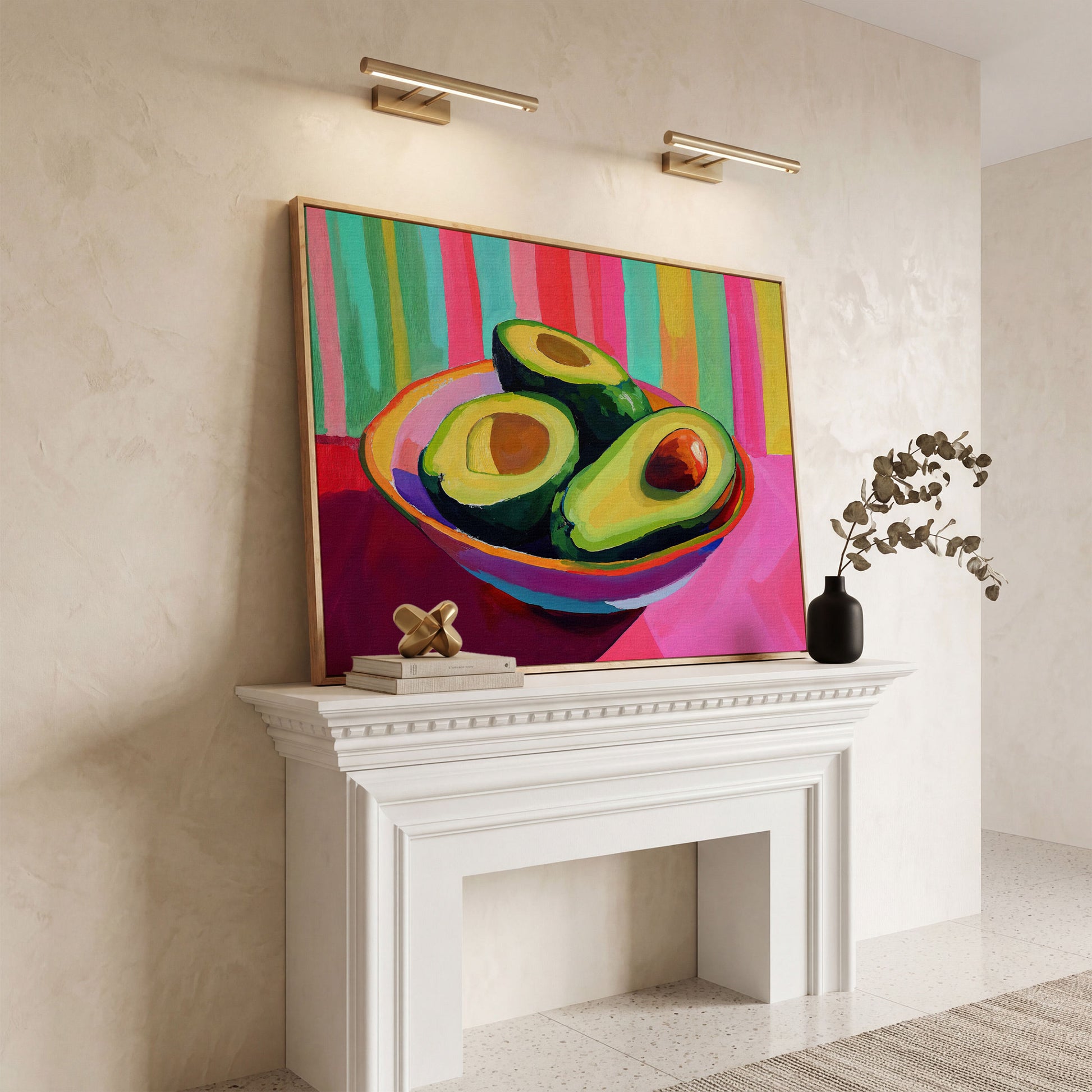 Avocado Pop Art Canvas for Modern Kitchens in white oak floating frame