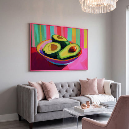 Avocado Pop Art Canvas for Modern Kitchens in pink floating frame