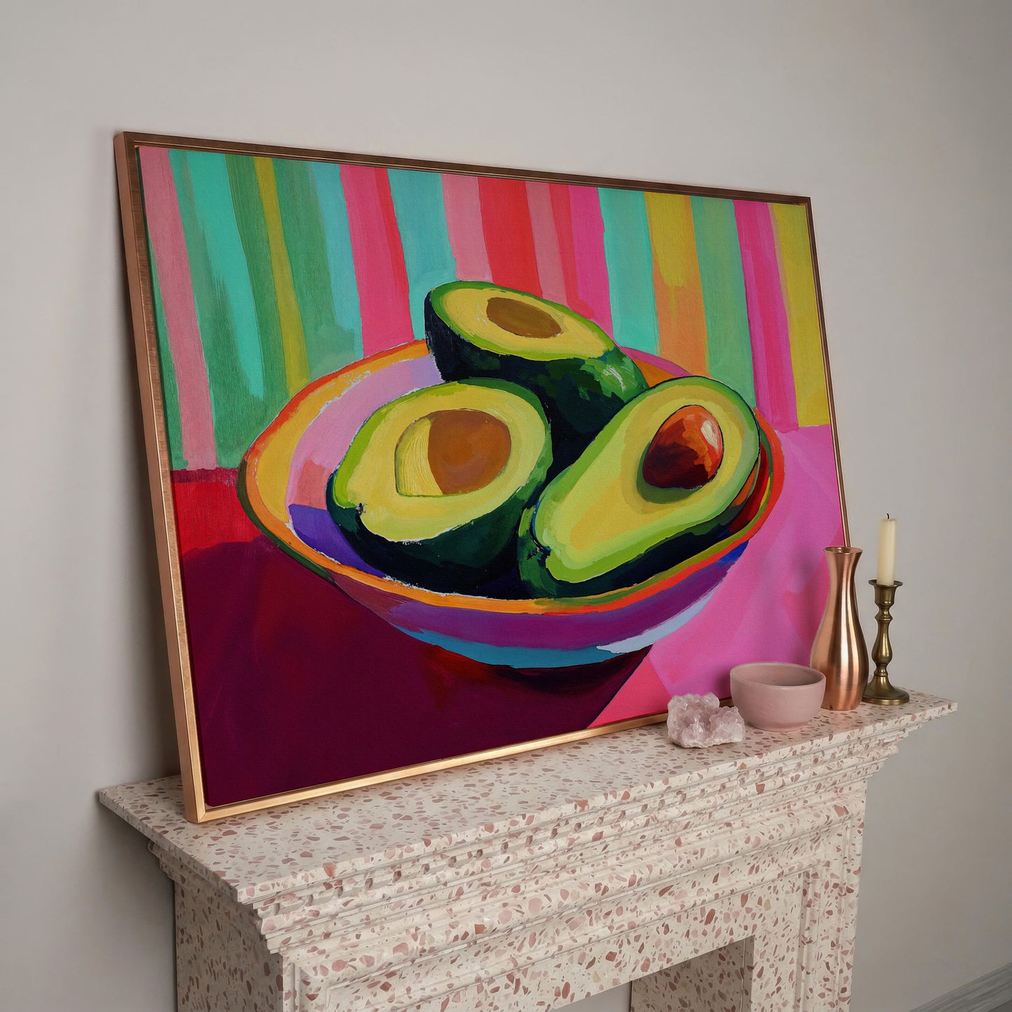 Avocado Pop Art Canvas for Modern Kitchens in rose gold floating frame